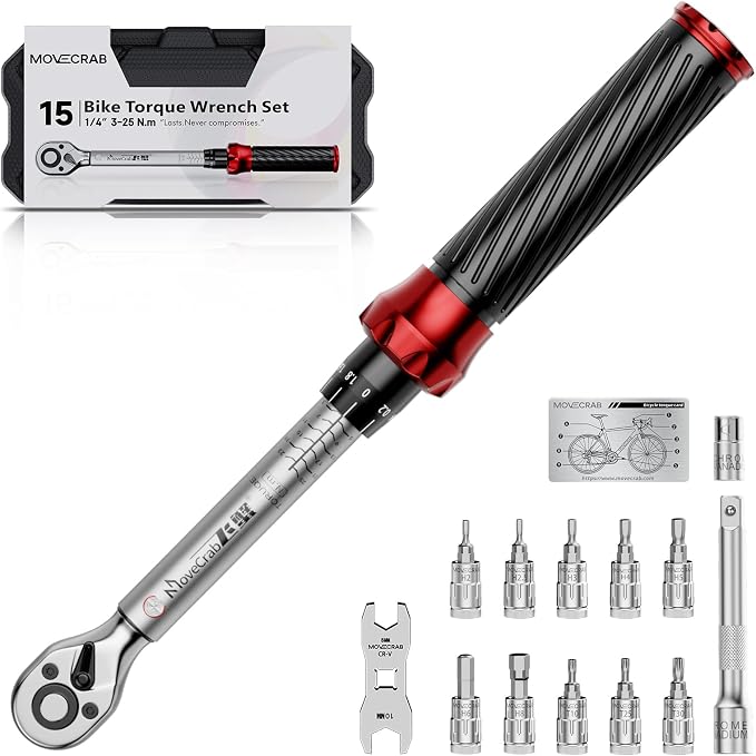 15pcs 1/4" Bike Click Torque Wrench Set, 3-25 N.m/2.21-18.43 Ft.lb | ±3% Bicycle Torque Wrench Kit with Hex & Torx Bits, 8/10 mm Brake Cable Wrench, for MTB, Road Bike & E-Bike Maintenance
