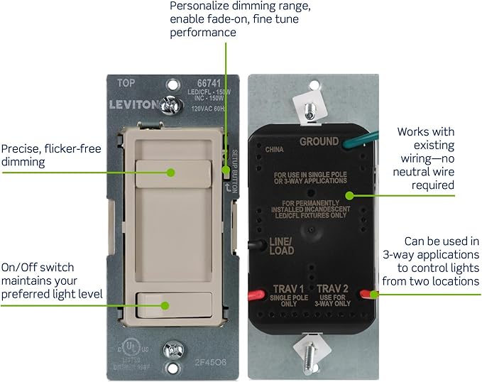 Leviton SureSlide LED Advanced Dimmer Switch for 150W Dimmable LED, Halogen and Incandescent Bulbs and Fixtures, 66741-T, Light Almond