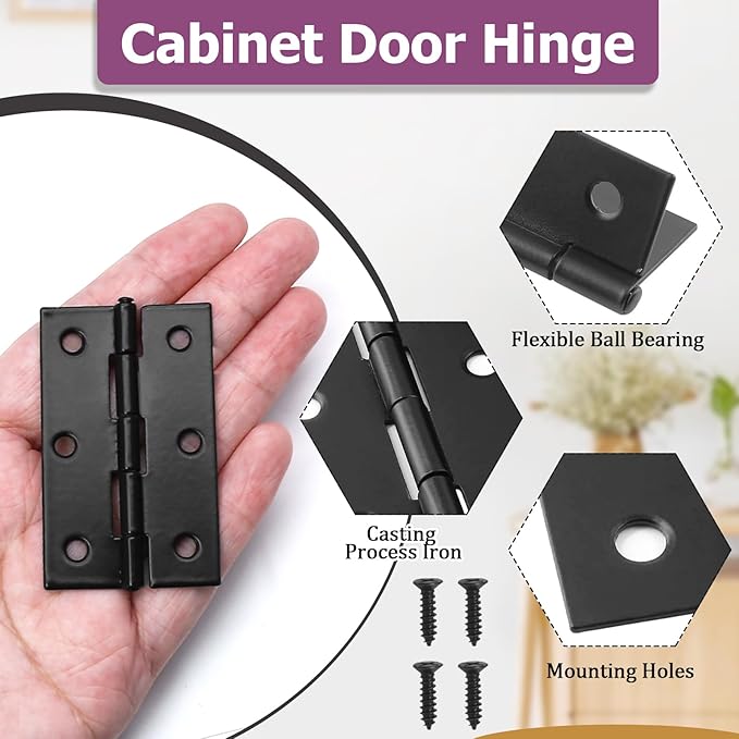 12pcs Butt Hinges Black Door Hinges, 2.63" x 1.46" Cabinet Door Hinge, Flat Folding Box Hinges for Jewelry, Wooden Box, Small Cupboard Furniture Hinges