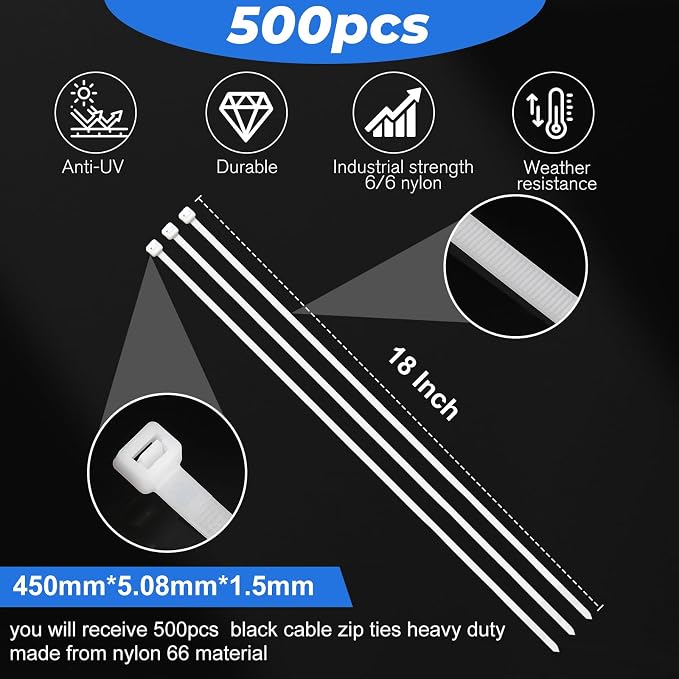 Shappy 500 Pack Long Zip Ties Heavy Duty, Ultra Exclusive Strong Cable Ties Large Industrial Electrical for Indoor Outdoor Plastic Wraps(White,18 Inch)