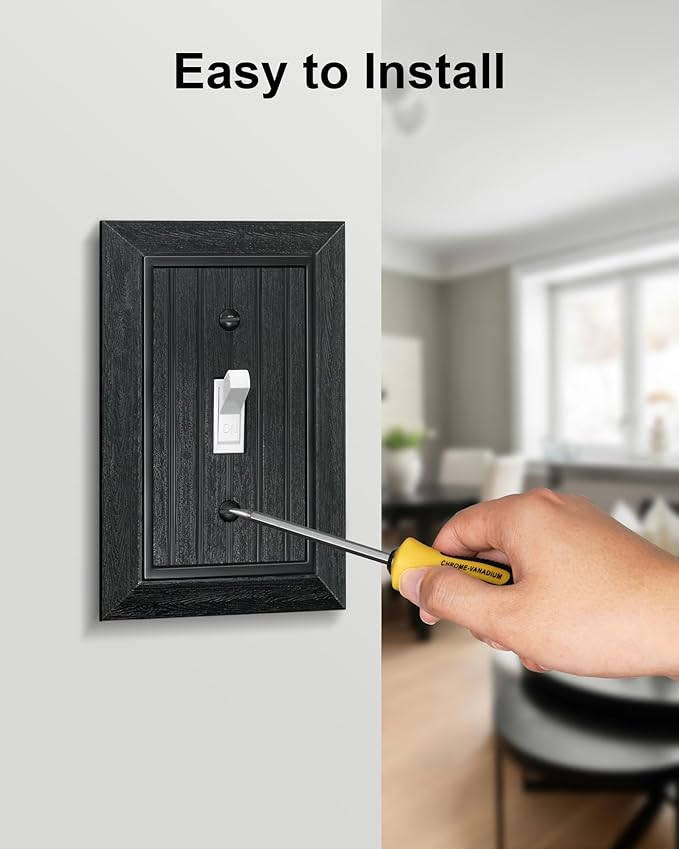 4-Pack Classic Beadboard Single Toggle Light Switch Cover Plate, Unbreakable Polycarbonate Decorative Switch Plate Covers, Matte Black 1 Gang Wall Plate