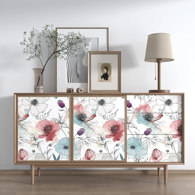 Blue Pink Watercolor Floral Peel and Stick Wallpaper 17.5"x393" | Self Adhesive/Removable/Waterproof/Thick Vinyl Vintage Contact Paper for Bathroom Bedroom Shelf Cabinet Drawer,Prepasted