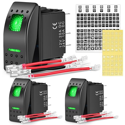 Nilight 3 Pack Rocker Switch with Night Glow DIY Stickers On Off 5 PIN SPST LED Light Switches with Green Backlit 12V/24V Toggle for Cars Trucks RVs Boats Auto Motorcycles