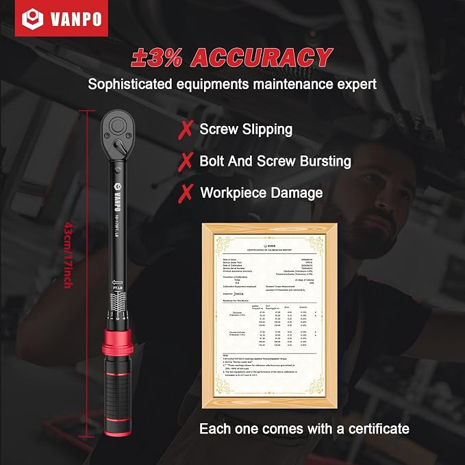 VANPO 1/2 Inch Drive Torque Wrench for Lug Nuts & Automotive, 10-170 Ft-Lb | Click Type, ±3% Accuracy,72-Tooth Dual-direction Ratchet, Dual Scale, for Tire, Car & Motorcycle Repair