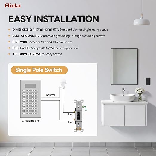 AIDA 10 Pack Single Pole Toggle Light Switch, 15 Amp, 120 Volt, Toggle Framed AC Quiet Switch, in Wall On/Off Switch Replacement, Self-Grounding, Residential and Commercial Grade, UL,Glossy Black