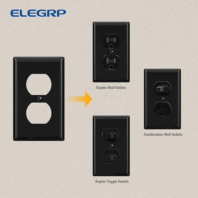 ELEGRP Duplex Receptacle Outlet Covers, 1-Gang Standard Size Wall Plates, Unbreakable Polycarbonate Dual Outlet Faceplates Covers, UL Listed, Color-matched Screws Included (2 Pack, Glossy Black)