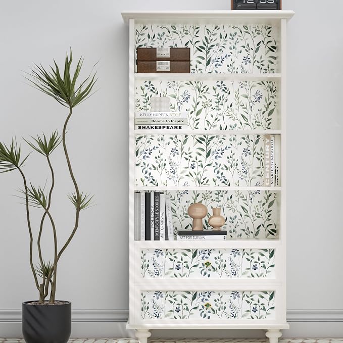 ILHIIOR Blue Leaf Wallpaper Boho Peel and Stick Wallpaper Green Leaf Vintage Contact Paper White Floral Wall Paper Removable Wallpapers Self Adhesive for Cabinet Drawers Wall Decor 17.5''x118.1''
