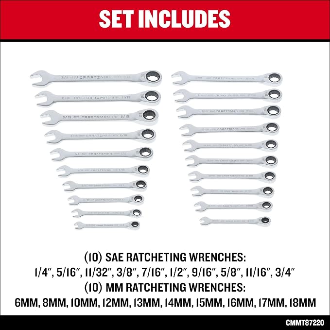 CRAFTSMAN Ratchet Wrenches Set, 20 Pc, 90 Tooth SAE/Metric Ratcheting Wrench Set with Case, 4 Degree Arc Swing (CMMT87220)