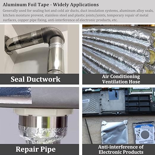 2PCS Premium Aluminum Foil Tape, Silver Metal Duct Tapes (2" x65Feet,3.9mil) with Adhesive Backing, High Temperature Heavy Duty Insulation Tape for Air Ductwork, Dryer Vents, HVAC, Sealing & Patching