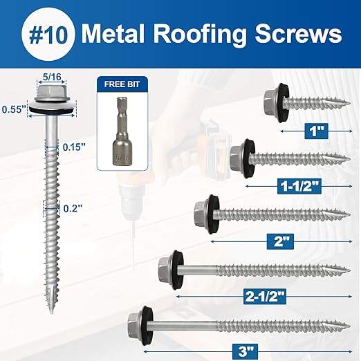 FMhotu Metal Roofing Screws #10×2-1/2Inch, 500-PCS, Hex Head Rustpert Coating Sheet Metal to Wood Siding Screw with EPDM Rubber Washer, Sharp Point, Hex Socket Included
