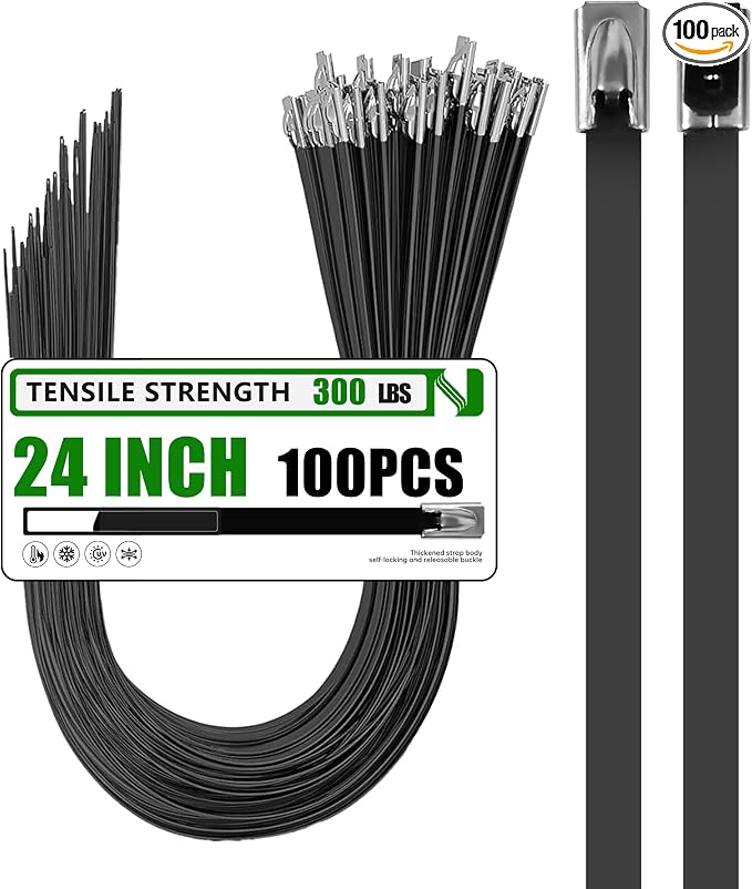 Metal Zip Ties 100 Pack 24 Inch, 304 Stainless Steel 300LBS Heavy Duty Zip Ties Black - Self-Locking Cable Ties for Exhaust Wrap，Chain Link Fence Parts, Outdoor Farms,Pipes