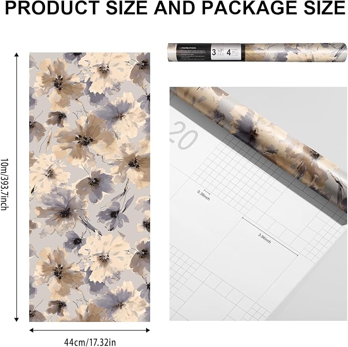 Purple Watercolor Floral Peel and Stick Wallpaper, 393" x 17.3" Vintage Removable Waterproof Self Adhesive Wall Paper, Brown Flower Contact Paper Peel and Stick for Classroom Cabinets 48.5 sq.ft
