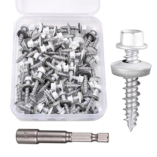 50 Pcs #10x1 White Metal Roofing Screws - Galvanized Hex Head Self-Tapping with EPDM Washers Sharp Point,for Corrugated Roofing, Wood Siding, Fences, Carports, Garages, Sheds