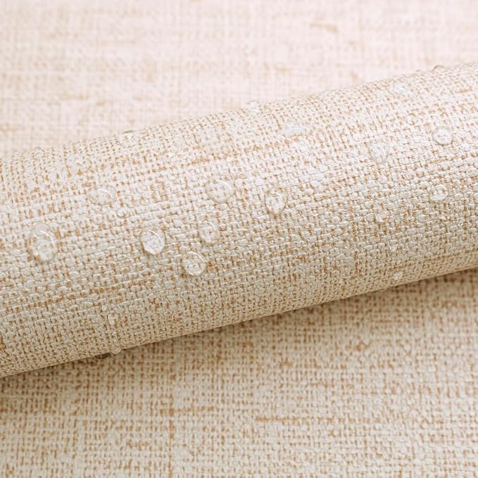 Beige Grasscloth Peel and Stick Wallpaper Textured 15.7in x 787.4in | Faux Linen Wallpaper Peel and Stick Vintage Grasscloth Contact Paper Self Adhesive Removable Contact Paper for Bedroom Vinyl
