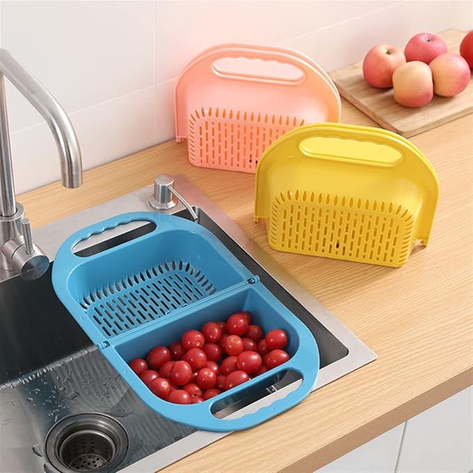 Kitchen Strainers Foldable Plastic Fruit Vegetable Washing Basket Sink Drain Bowl Dish Plate Tableware Storage Holder Kitchen Organizer Supplies(Blue)