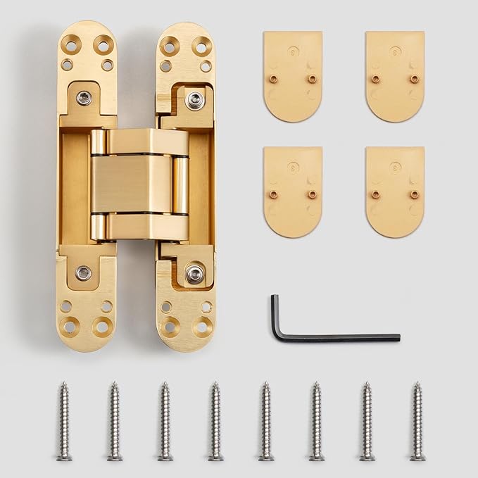YAGU 3 Way Adjustable Invisible Door Hinge Concealed Hidden 180 Degree Swing Hinge Zinc Alloy Butt Hinge 6.5 * 3.2 * 1.1 Inch, Matte Gold(1 Piece)