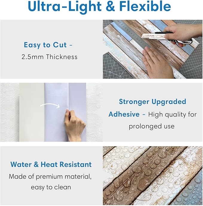 COMSTICKC Peel and Stick Faux Wood Wall Sticker Wall Panels, 10 Pcs of 12" x 12", Ultra-Light Thin PVC 3D Fake Wood Shiplap Self-Adhesive Wall Covering Wallpaper Interior Farmhouse Decor, Blue Brown