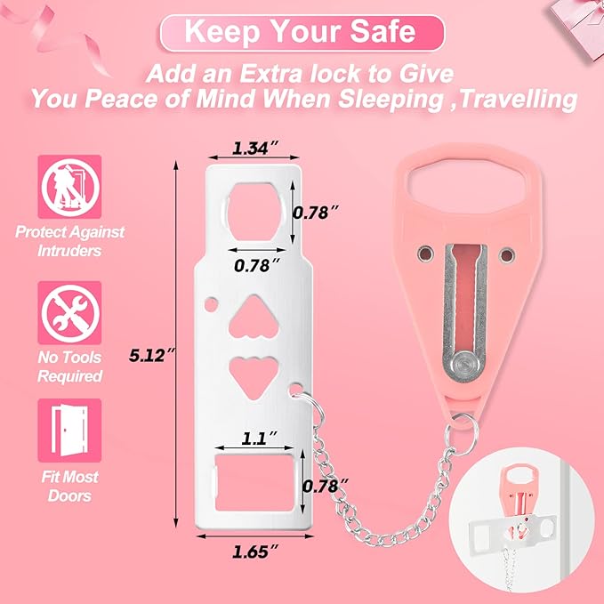 Portable Door Lock Home Security Door Locker Travel Lockdown Locks for Additional Safety and Privacy Perfect for Traveling Hotel Home Apartment College-Pink-4 Pack