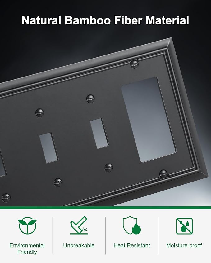 2-Pack Combo Triple Toggle/Decorator Outlet Cover Plate, Black Decorative Switch Plates and Outlet Covers, Durable Natural Bamboo Fiber Wall Plates for Electrical Outlet, Receptacle, GFCI Outlet