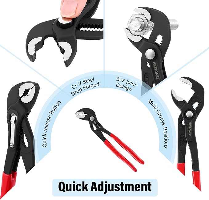 MAXPOWER 7" 10" 12" Water Pump Pliers, Quick Adjustment Push Button Pliers | Jaw Capacity 0.98" 1.4" 1.6", 3-pieces Tongue-and-Groove Pliers Set