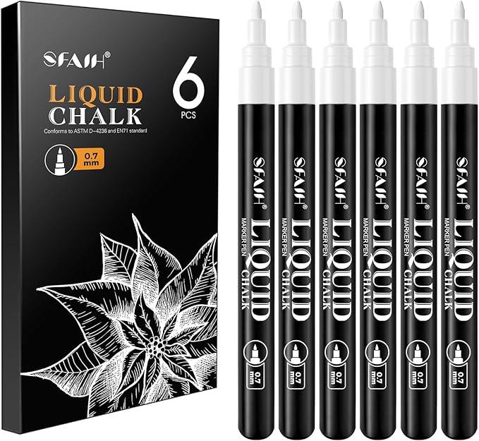 SFAIH Liquid Chalk Markers for Blackboard - White 6 Pack 0.7mm Fine Tip, Wet Erase Chalk Marker for Chalkboard, Menu, Bistro, Signs, Windows, Glass, Labels, Dust-Free [1s Wet Wipe] - No Residue