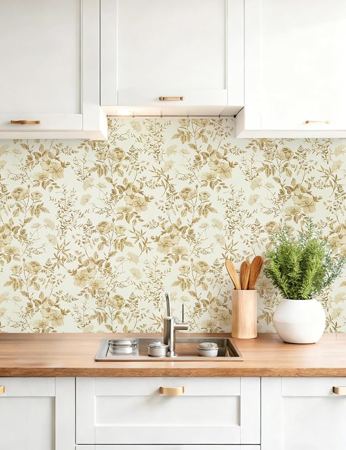 Erfoni 16.9" x197" Yellow Brown Floral Peel and Stick Wallpaper Boho Floral Leaf Contact Paper Flower Self Adhesive Wall Paper DIY Removable Decoration Wallpaper for Livingroom Accent Wall Covering