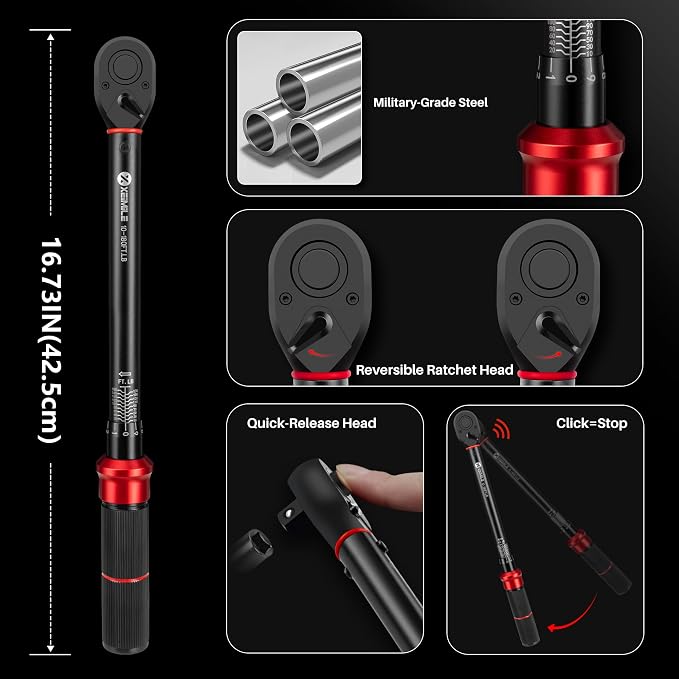 3Pcs 1/2" Drive Torque Wrench Set 10-180Ft.Lb for Car Motorcycle | Inch Pound Click Torque Wrench( 13.6-244Nm), 72T Adjustable Dual-Direction, High 3% Precision for Bike Auto Wheel Repair DIY