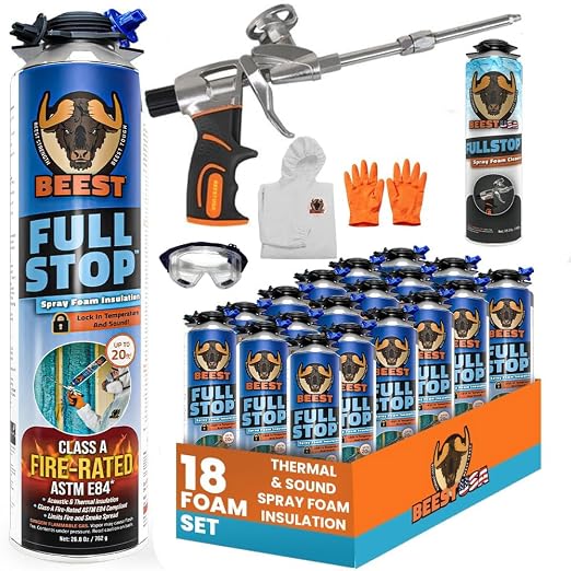 BEEST FullStop Spray Foam Insulation Kit - 360 Board ft/sq.ft. Fire Rated Spray Insulation Foam for Walls & Attics with Thermal & Soundproofing - Includes 18x Cans, 1 Cleaner, Pro X Gun, Safety Gear