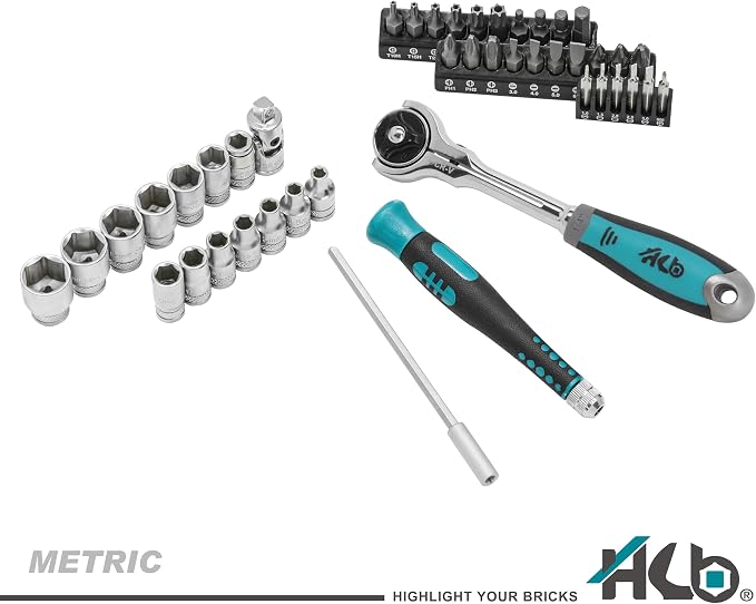 HB 90-Tooth 1/4 Inch Drive 270° Swivel Head Ratchet Handle 44 Piece Socket Set with Precision Screwdriver Torx PZ PH SL HEX Bits Chrome Vanadium Steel Portable Case Made in Taiwan AKM024-G | 90-tooth swivel ratchet, 270° flex head, 4° arc swing, stampe...