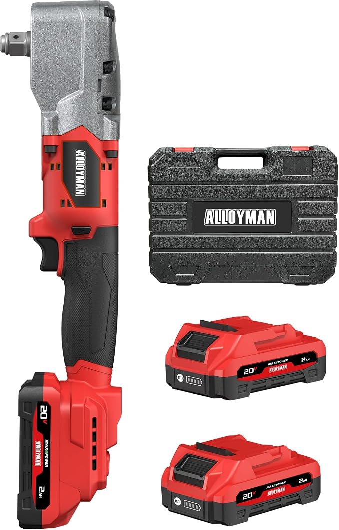 Alloyman 20V Brushless Right Angle Impact Wrench, 1/2", 207 FT-LBS(280.NM) | Slim 90°head, 2-speed control,2 batteries,LED light, for Tight Spaces, Automotive Repair, Engine Bay & Machinery Maintenance