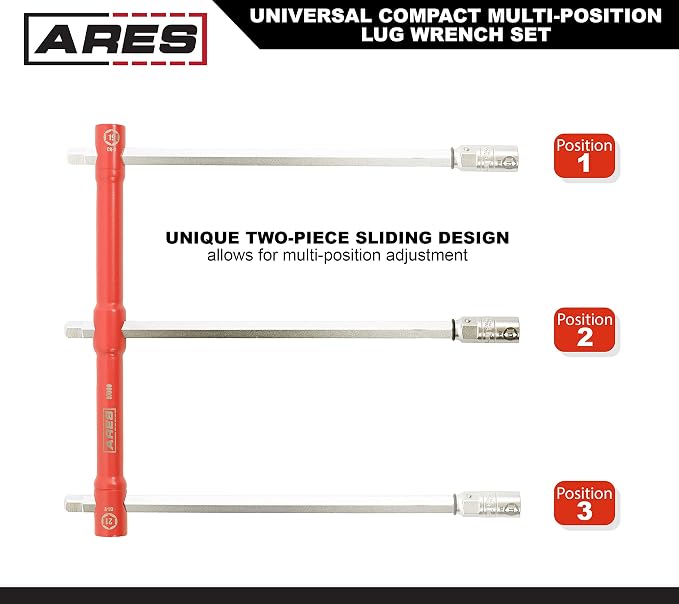 ARES 57000 Universal Lug Wrench Set, 17/19/21mm Sockets, 26-In | 26-Inch length; unique 1/2-Inch drive socket adapter end; compact design with storage pouch.