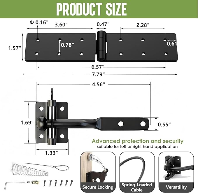 Heavy Duty Gate Hinges,270° Solid Double Layer Folding Butt Hinges,Self Locking Gate Latch for Wooden Fence,Heavy Plywood, Backyard Wood Gates and Fence（gate Hinge&Gate Latch