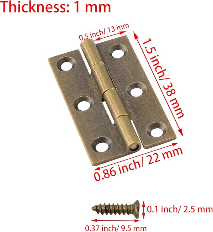 6Pcs 1.5 Inch Butt Hinge, Mini Cabinet Hinges, Rectangle Brass Folding Butt Hinges, Small Jewelry Box Butt Hinge, Bronze