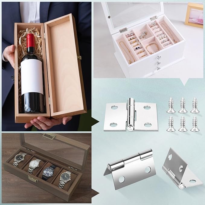 14 Sets Small Hinges with Screws, Stainless Steel Jewelry Box Hardware Hinges Silver, 1 Inch Mini Hinges for Wooden Box, Miniature Folding Butt Hinges, Small Hinge Metal