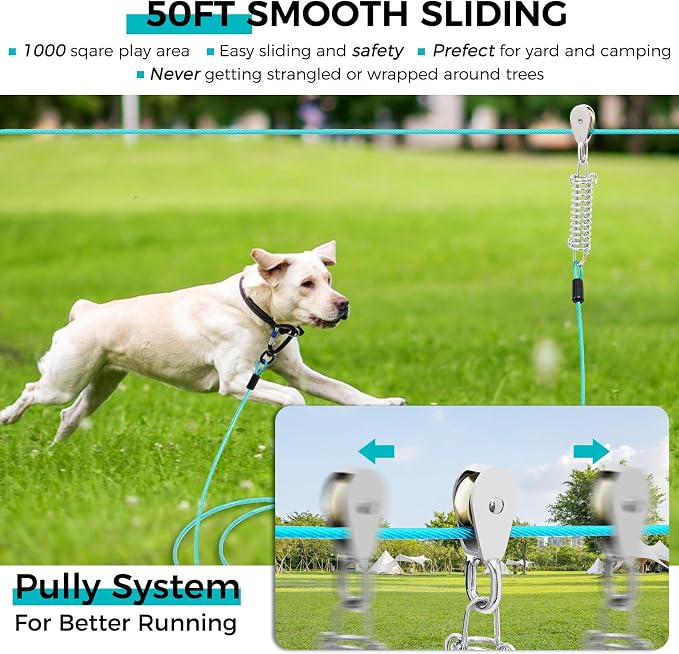 Snagle Paw Dog Runner for Yard,Heavy Duty Trolley System for Large Dogs,Dog Tie Out Run Cable, Zip line 100ft with 10ft Pulley Runner Line for Dogs Up to 250lbs for Yard or Camping