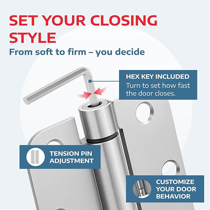 A1 ProGuard - Self Closing Spring Loaded Hinges, 3.5 Inch, Adjustable Tension for Garage, Front, Back Door, Door Closer Hinge, UL Listed, Left/Right Hand, 5/8'' Radius Corners, Brushed Nickel, 2 Pack