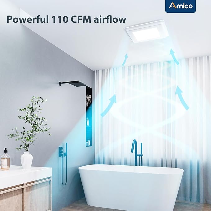 Amico Bathroom Exhaust Fan with Light, 110 CFM, 1.0 Sones, 5CCT, Easy Retrofit without Attic Access, Adjustable Bathroom Fan with light, Quiet Operation, ETL & FCC Certified