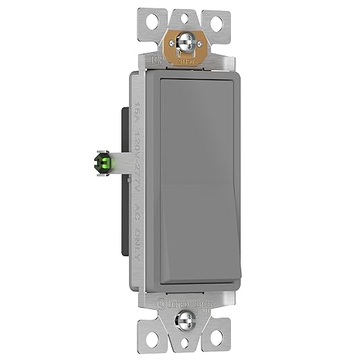 ENERLITES Single Pole Decorator Paddle Light Switch, Residential Grade, 15A 120V-277V, Gloss Finish, Grounding Screw, Back Insert and Side Terminals, 91150-GY, Gray