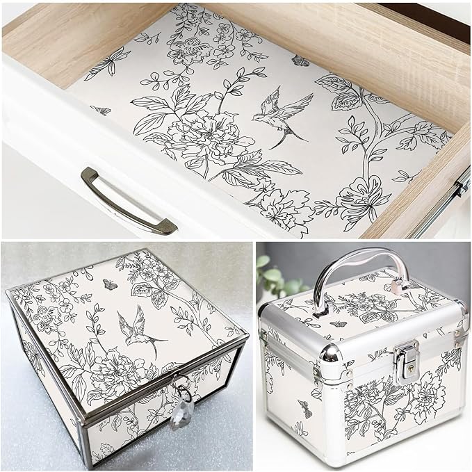 Froluya Black and Cream White Floral Wallpaper Peel and Stick Wallpaper 17.7in×118.1in Vintage Floral Contact Paper Flowers Birds Removable Self Adhesive Decorative Wall Paper for Bathroom Cabinets