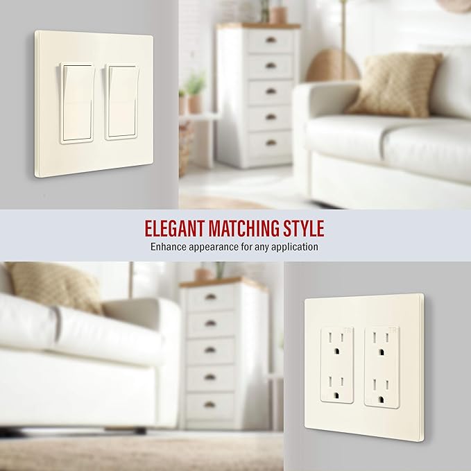 ENERLITES Screwless Decorator Wall Plate Child Safe Outlet Cover, Size 2-Gang 4.68" H x 4.73" L, Unbreakable Polycarbonate Thermoplastic, SI8832-LA, Glossy, Light Almond