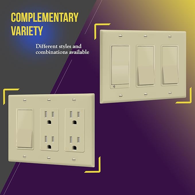 ENERLITES Decorator Light Switch or Receptacle Outlet Wall Plate, Gloss Finish, Size 3-Gang 4.50" x 6.38", Unbreakable Polycarbonate Thermoplastic, UL Listed, 8833-I, Ivory