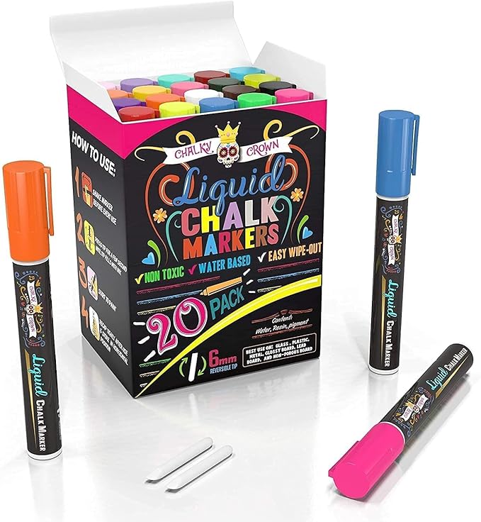 Bold Chalk Markers - Dry Erase Marker Pens - Liquid Chalk Markers for Chalkboards, Signs, Windows, Blackboard, Glass - Reversible Tip (20 Pack) - (Multicolored, 6mm)
