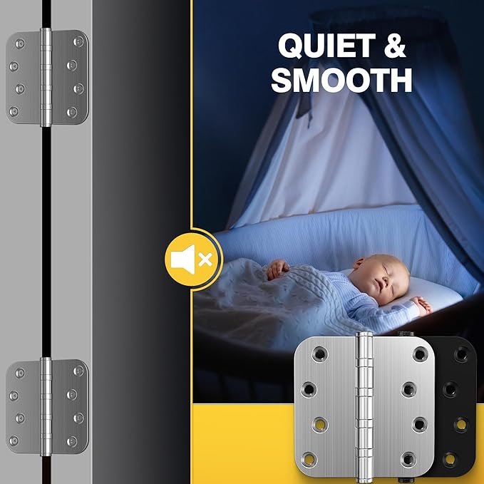 KOLET Ball Bearing Door Hinges, 4 x 4 Inches Exterior Door Hinges, 5/8'' Radius Corner Hinges, Heavy Duty Stainless Steel, Smooth and Quiet, Non Removable Pin, Brushed Nickel, 12 Pack
