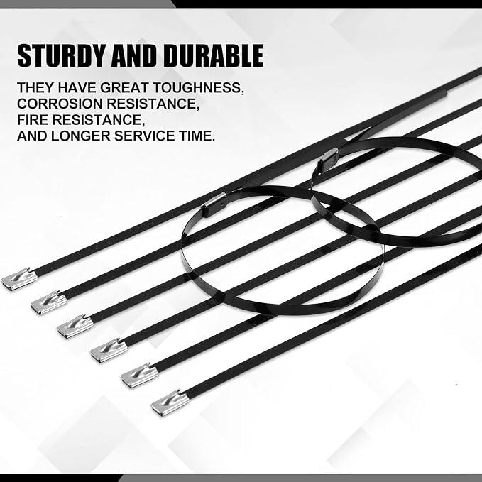 Pelopy 100 Pcs 18 Inch Metal Zip Ties Black 304 Stainless Steel Zip Ties Epoxy Coated Tie Heavy Duty Cable Self Locking Cable Multi Purpose for Machinery Vehicles Exhaust Wrap Outdoor Fence Farms