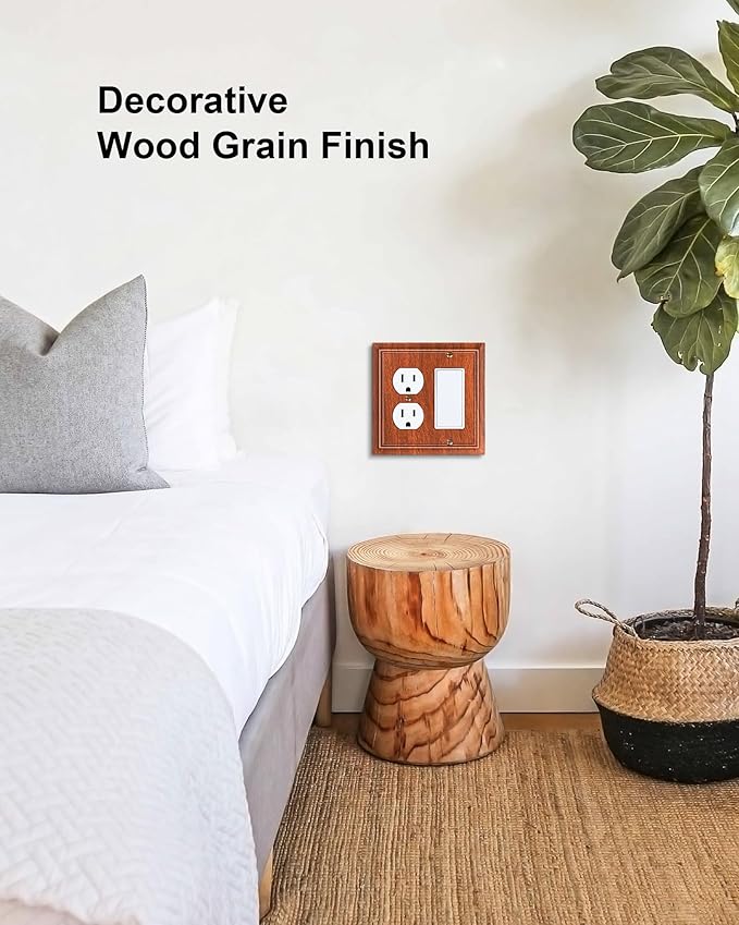 2-Pack Combo Duplex/Decorator Outlet Cover Plate, Wood Grain Decorative Switch Plates Covers, Durable Natural Bamboo Fiber Wall Plates for Electrical Outlets, Receptacle, GFCI Outlet, Dimmer Switch
