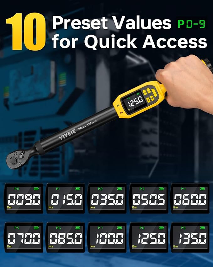 Digital Torque Wrench 3/8" Drive, 5-99.5 Ft-lb/6.7-135 N.m (±1% Accuracy) | Buzzer and LED Alert, Electric Torque Wrench Digital with Adapter, 2 Extension Bars - Reach Tight Space, for Bike/Moto/Auto