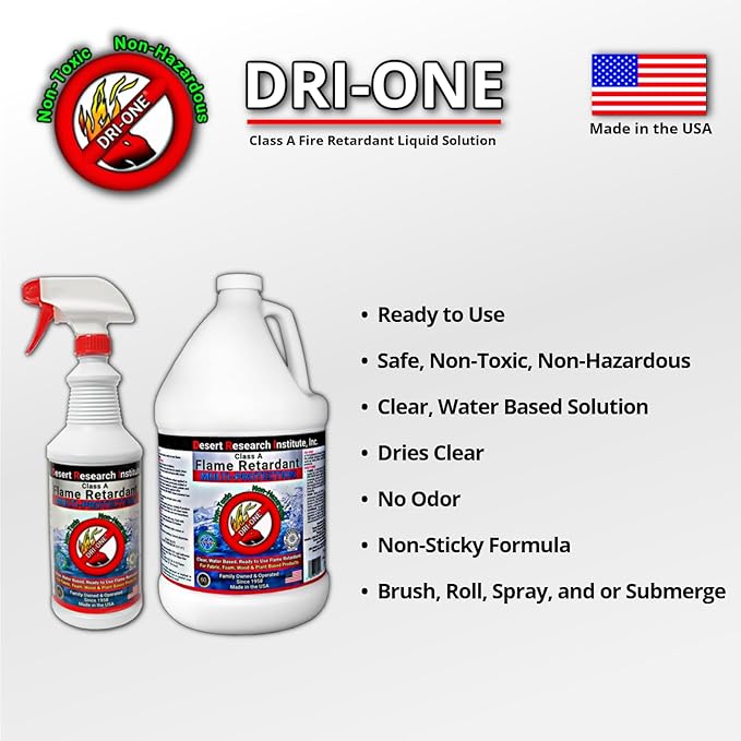 Fire Retardant Spray Liquid Solution Natural Textiles, Raw Wood, Absorbent Materials & More - Class A -Eco Safe - NFPA 701- ASTM E84, One Gallon and One Quart with One Sprayer - 160 oz