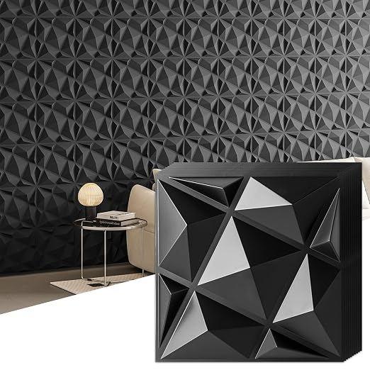 20 Pack 3D Wall Panels for Interior Wall Decor, 12''x12'' White Accent Diamond Panels for Gaming Room Bedroom TV Background, Black