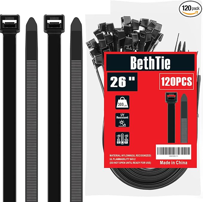 BethTie 26 inch Black Zip Ties Heavy Duty 120 PCS, 300 LBS Ultra Strong Plastic Wire Ties, Large Cable Ties Extra Long Tie Wraps UV Resistant for Indoor Outdoor