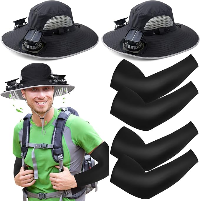 Glitopper 2 Set Wide Brim Solar Fan Hats with 2 Solar Fan and Arm Sleeves Set Outdoor Fishing Bucket Hat for Men Women Hiking